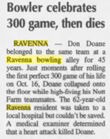 Ravenna Bowl - 1992 Article On Death Of Bowler Who Had A Perfect Game (newer photo)